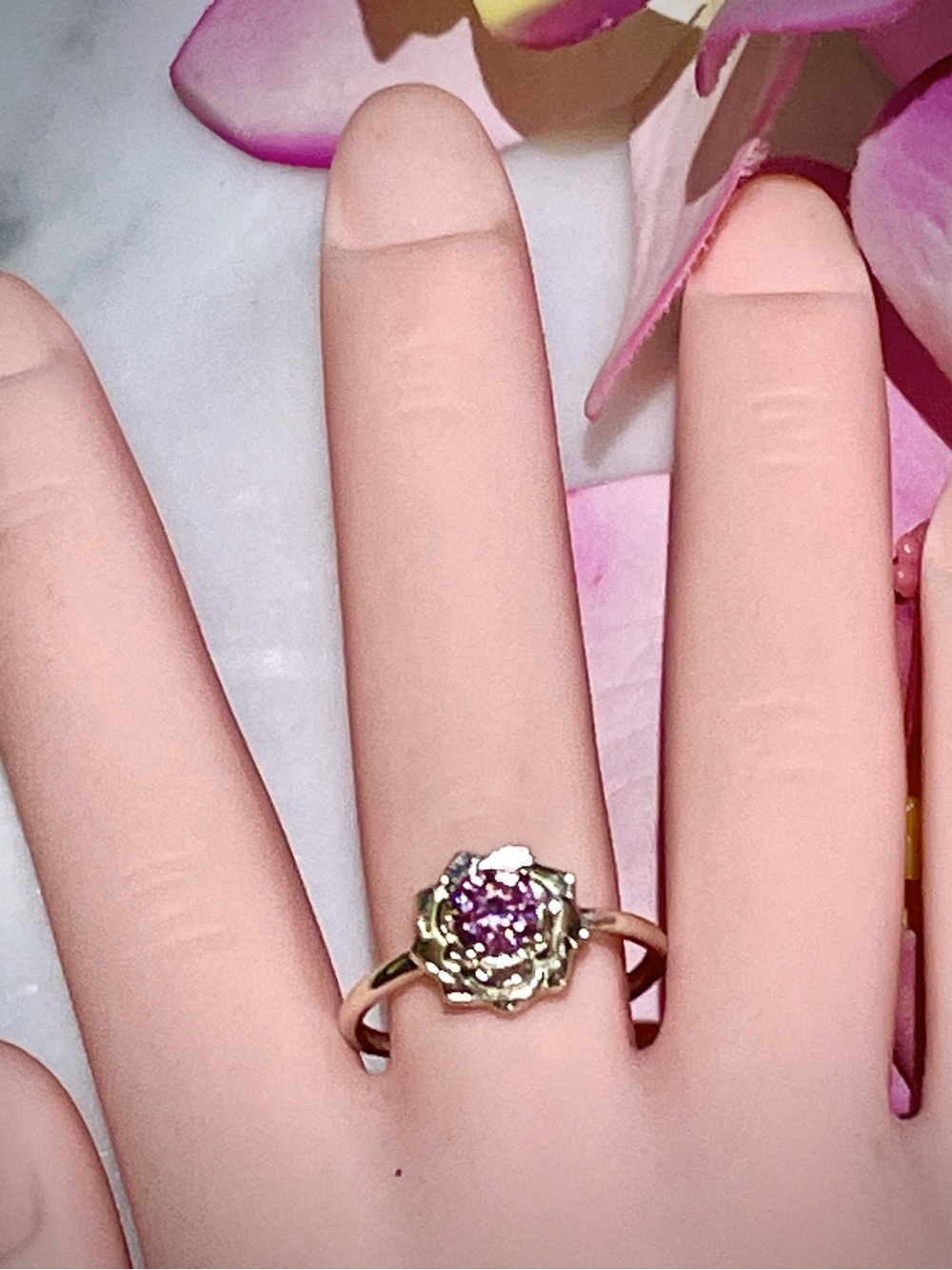 Delicate Flower (Simulated Diamond Pink Cubic Zirconia~5mm) SS Ring, - Picture 3 of 4